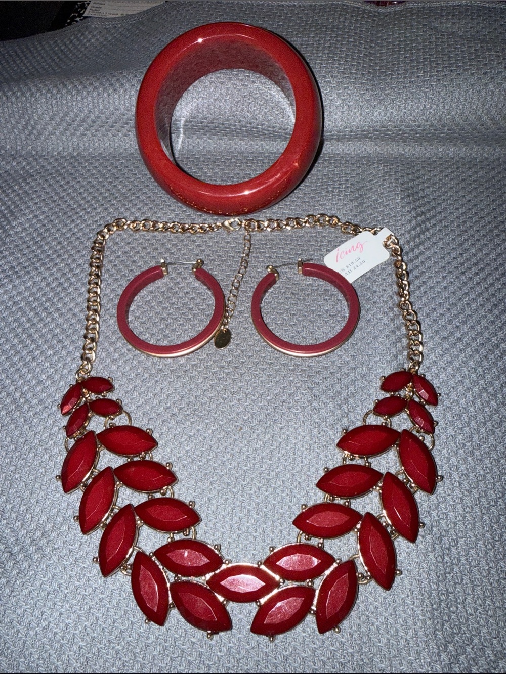 Icing Red Leaf Statement Necklace, Bangle & Hoop Earring Set